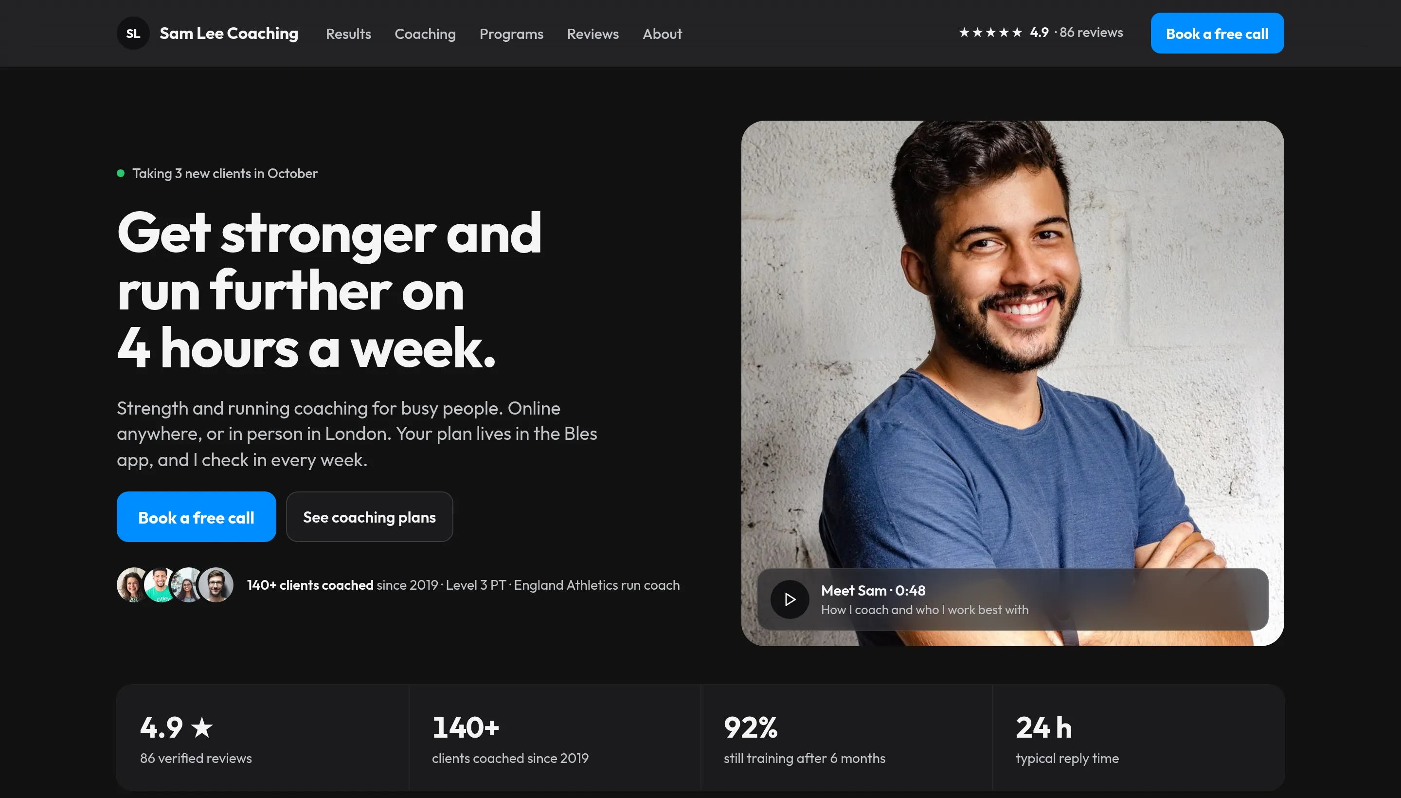 An example coach storefront: plans, programs, results and a free-call form