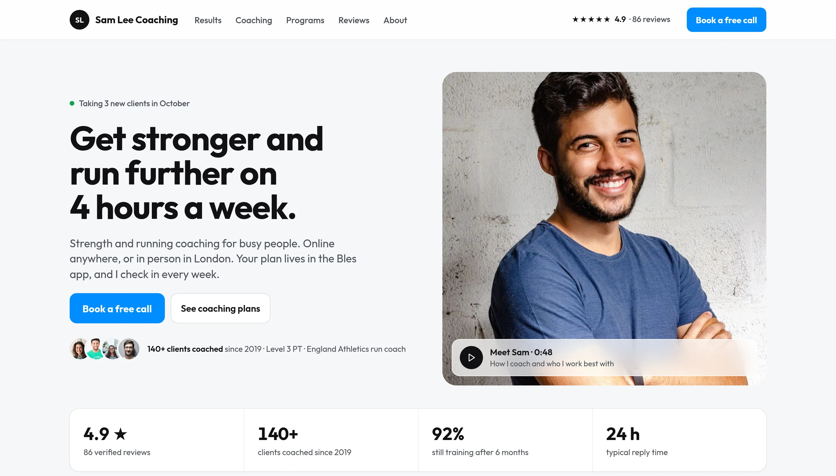 An example coach storefront: plans, programs, results and a free-call form